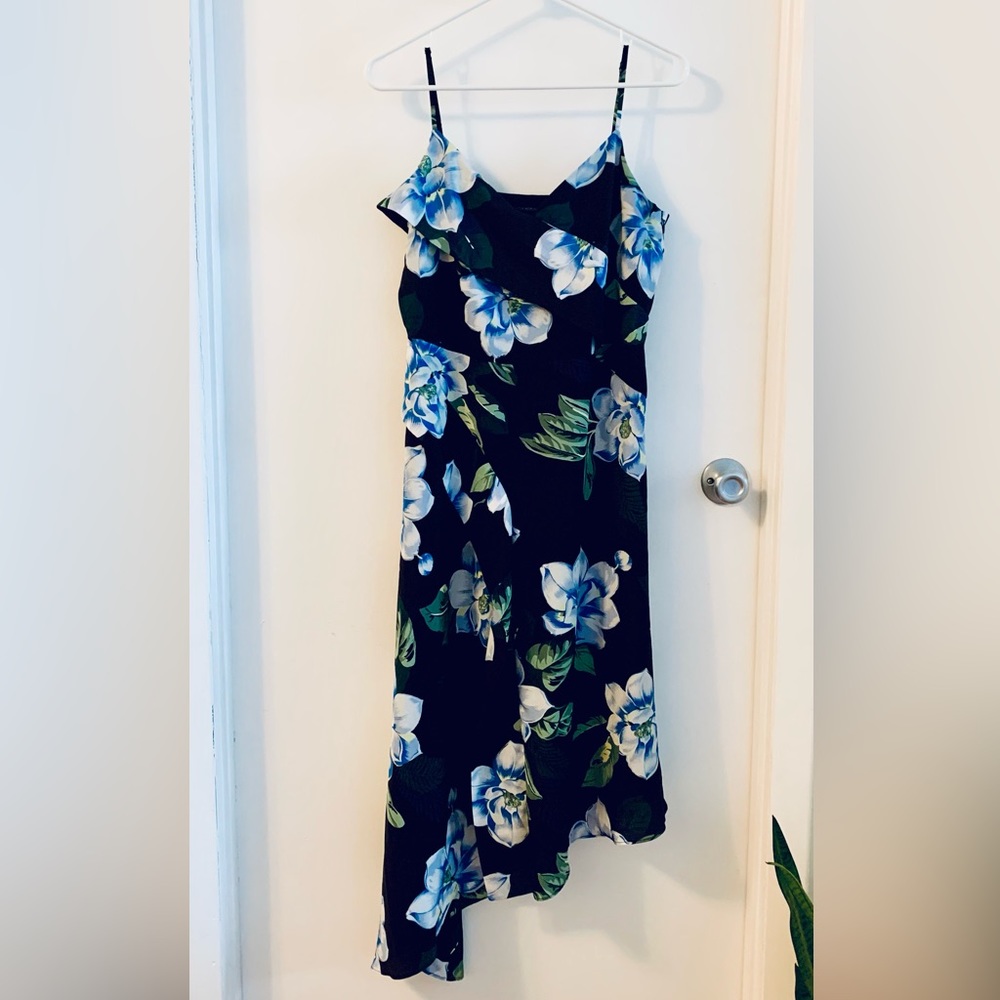 Banana Republic Black Floral Satin Asymmetrical Dress